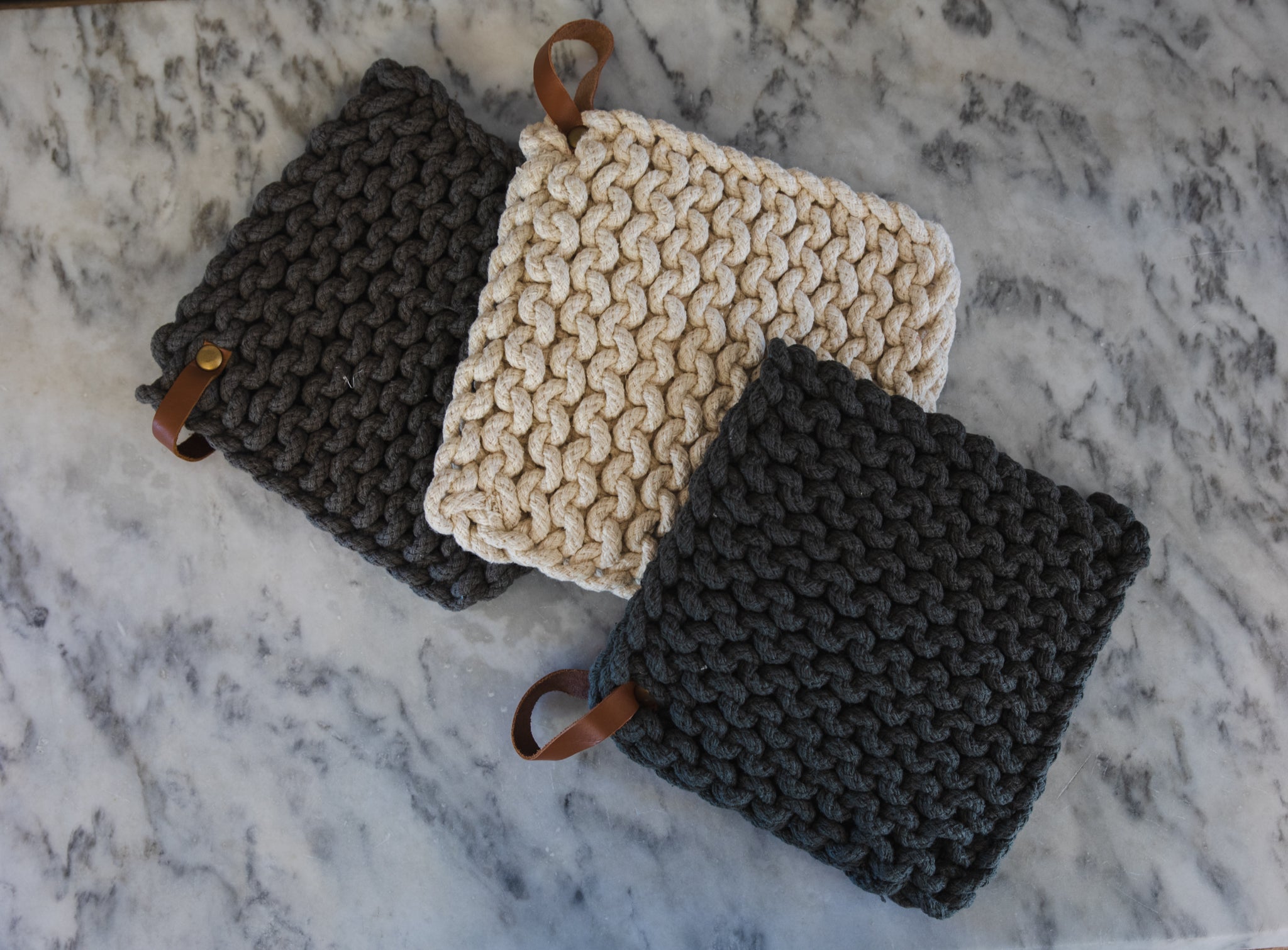 Leather Handled Crochet Pot Holder (Set of 3)